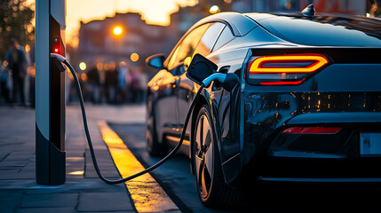 Poster - Hybrid electric car silently charging at a charging station, the car uses clean energy without harming the environment
