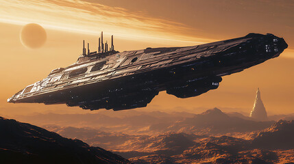 Aufkleber - Wide shot of a spaceship landing on a planet, the spaceship is large and imposing, and it looks like it could be from another world