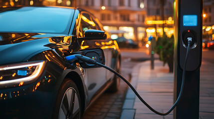 Poster - Hybrid electric car silently charging at a charging station, the car uses clean energy without harming the environment