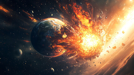 Aufkleber - Image of a two massive planets colliding in space causing a massive explosion, planet in space, explosion of the earth, wallpaper