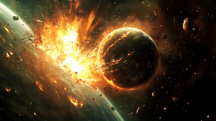 Wall Mural - image of a two massive planets colliding in space causing a massive explosion, planet in space, expl