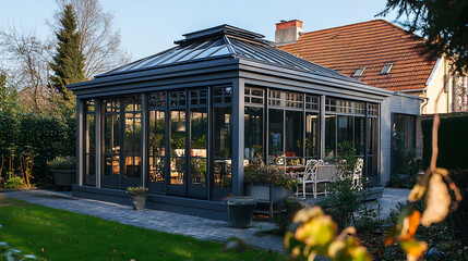 Poster - Large and modern ornately colored winter garden with an extra wide roof, a grey colored cladding and glass windows on the side overlooking an outside garden