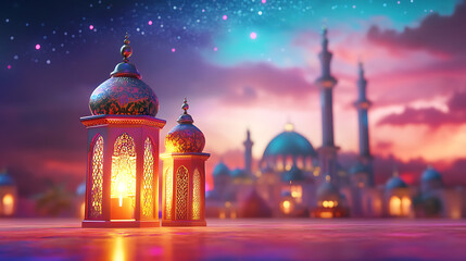 Poster - Night in ramadan, a colorful mosque and a lantern with a glowing evening light, , ai