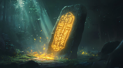 Wall Mural - A mysterious runestone glowing with ancient symbols in a dark forest, with light beam down. Radiant Runestone. Illustration