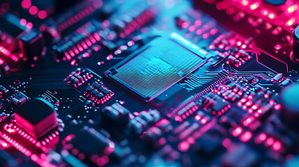 Poster - Close up of a computer circuit board with neon lights