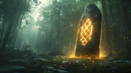 Wall Mural - Rune of light: an ancient glowing symbol in a mystical forest. Radiant Runestone. Illustration