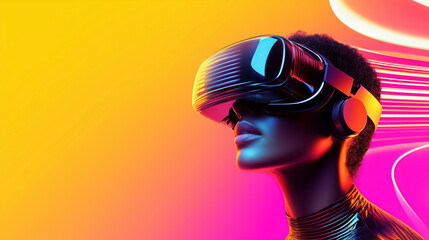 Poster - Individual engaging with virtual reality technology, vibrant colorful background with dynamic lighting effects. Concept of modern gaming, tech innovation, digital experiences