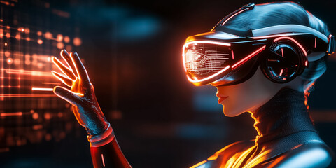 Poster - Person engaging with advanced virtual reality headset in a dynamic digital environment. Vibrant colors and interactive interface highlight tech innovation