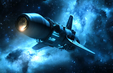 Poster - Futuristic spaceship flying through nebula galaxy cosmic exploration space travel sci fi wallpaper background art
