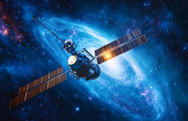 Poster - Satellite orbiting earth space exploration technology innovation communication system galaxy background