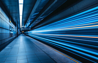 Poster - Blue light trails in subway station underground train transportation travel speed motion blur background 100