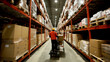© Qaqas - Top-Down View: Worker Moves Cardboard Boxes using Hand Pallet Truck, Walking between Rows of Shelves with Goods in Retail Warehouse. People Work in Product Distribution Logistics Center