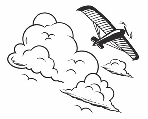 Small airplane flying through clouds black and white vector drawing travel adventure design

