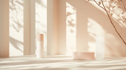 Poster - soft light illuminates modern skincare products on a serene tabletop setting in a minimalistic room