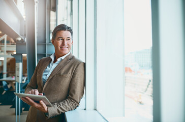 Aufkleber - Office, mature man and thinking with tablet for research, company growth and ideas for business progress. Career, male person or ceo with digital for communication, online feedback and scroll email