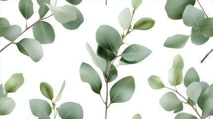 Poster - Green leaves pattern on a light background, showcasing nature's beauty and tranquility in design
