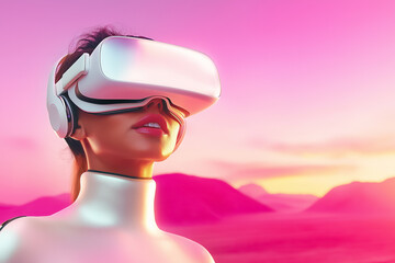 Poster - Woman engaging with virtual reality headset in colorful surreal landscape. Futuristic environment with pink hues and mountain backdrop. Concept of technology, innovation, gaming