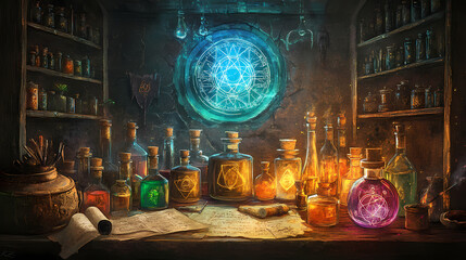 Wall Mural - a forgotten alchemists chamber with dusty potion bottles, ancient scrolls, and glowing runes. Forgotten Runes. Illustration