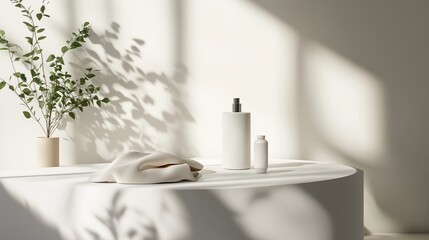 Poster - Minimalist home decor with plants and white objects creating soothing atmosphere in natural light