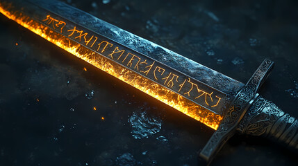 Wall Mural - An ancient powerful sword with runes from a long forgotten language. the sword contains great magical power and the runes glow forgotten languages & glyphs. illustration. Forgotten Runes. Illustration