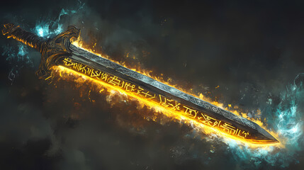 Wall Mural - An ancient powerful sword with runes from a long forgotten language. the sword contains great magical power and the runes glow forgotten languages & glyphs. illustration. Forgotten Runes. Illustration