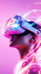 Fototapete - User immersed in virtual reality with high-tech headset and glowing effects. Colorful backdrop creates a futuristic atmosphere. Concept of gaming, technology, innovation
