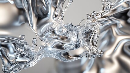 Poster - Abstract Silver Liquid Splash Dynamic Flowing Water Design Elegant Chrome Texture Background Modern Fluid Art Silver Metallic Wave Shiny Swirling Water Ripple Luxury Premium Quality Visual Graphic    