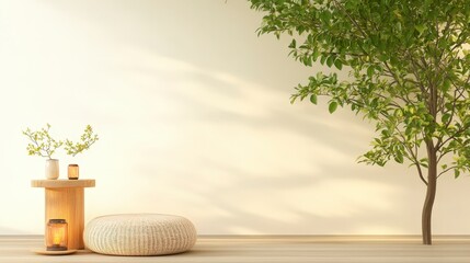 Poster - Cozy interior scene featuring a tree, decorative items, and a textured floor for a serene atmosphere.