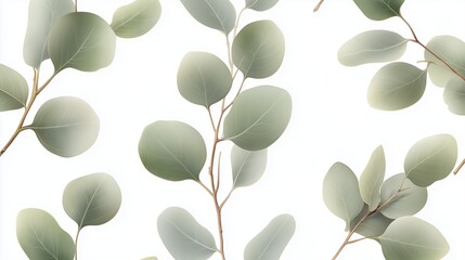 Poster - Eucalyptus leaves arranged beautifully against a white background creating a serene and natural aesthetic
