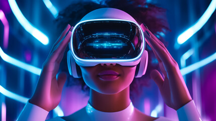 Poster - Woman wearing sleek virtual reality headset engages with immersive digital surroundings. Neon lights create a futuristic ambiance, showcasing advanced technology