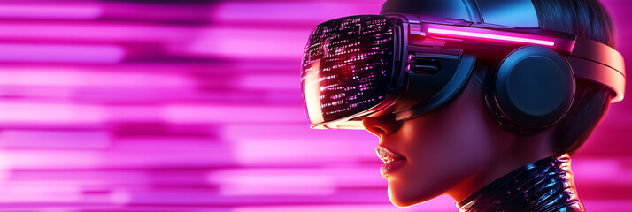 Poster - Woman engaging with advanced virtual reality technology using headset. Dynamic neon lighting creates an immersive digital atmosphere. Concept of gaming, technology, virtual experiences