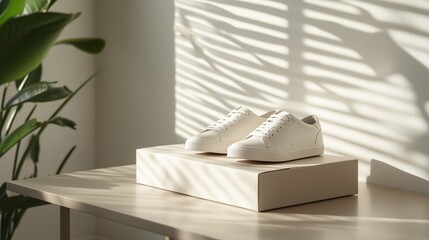 Poster - new white sneakers displayed on a beige box with natural light and shadow patterns in a modern inter
