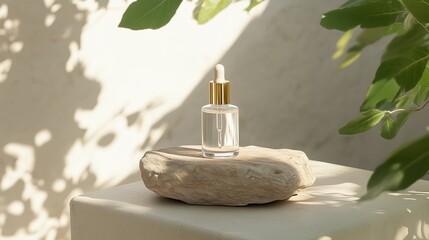 Poster - skin serum bottle displayed on a natural stone surface surrounded by sunlight and greenery