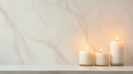 Poster - warm glow from three candles on a marble surface creating a calming atmosphere in a serene setting