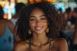 © Harry - Beautiful Black Woman Smiling Happy Portrait Natural Curly Hair Golden Earrings Summer Fashion Lifestyle Outdoors Joyful Cheerful Attractive Model Brown Skin Tone sun girl warm chic photo image pretty