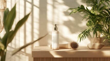 Poster - elegant skincare product showcased in a serene and sunlit indoor setting with lush green plants