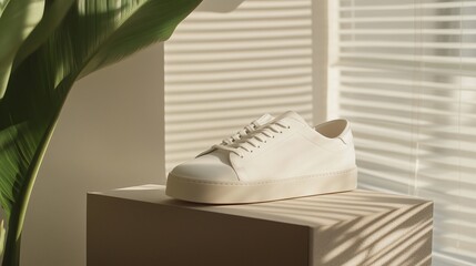 Poster - bright white sneaker displayed on a pedestal with natural light highlighting its sleek design and te