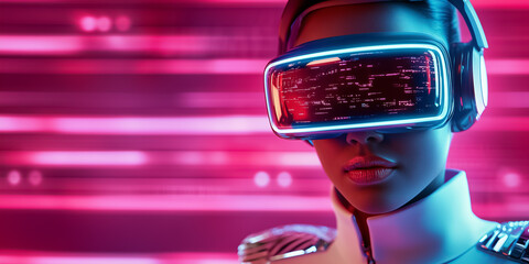 Poster - Individual wearing VR headset interacts with dynamic digital landscape. Bright neon lights create an energetic atmosphere focused on technology and innovation