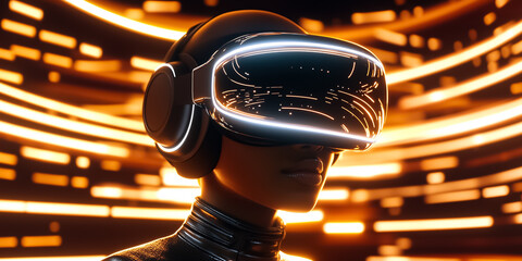 Poster - Individual wearing high-tech virtual reality headset engages with immersive digital world. Bright swirling lights create dynamic backdrop. Concept of technology, gaming, entertainment