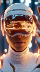 Poster - Humanoid character with futuristic gear interacting with glowing holographic display. High-tech setting with dynamic light and digital elements. Concept of technology, futurism, innovation