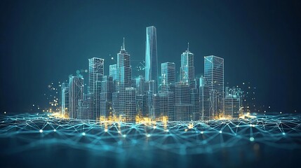 Poster - Futuristic Cityscape Network glowing Teal and Gold