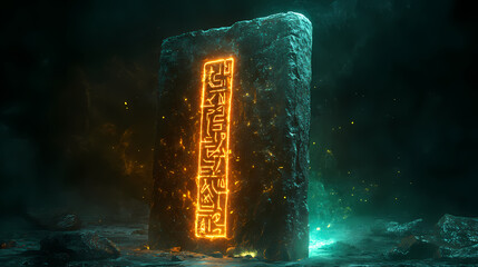 Wall Mural - Legendary sign, ancient stone tablet, cryptic inscriptions, glowing runes, magical glow, dark background. Fabled Stele. Illustration