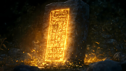 Wall Mural - Legendary sign, ancient stone tablet, cryptic inscriptions, glowing runes, magical glow, dark background. Fabled Stele. Illustration
