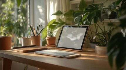 Poster - Stylish workspace featuring an empty tablet among plants and stationary in a sunlit room