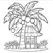 © ntrav - A flower shop shaped like a palm tree with its wide fronds forming the roof and coconuts hanging like hearts Black and white only coloring book page in adorab