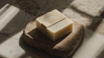 Aufkleber - natural soap resting on a textured stone in soft sunlight in a serene indoor setting