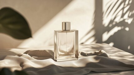 Poster - Clear glass perfume bottle on soft fabric illuminated by natural light in a serene indoor setting