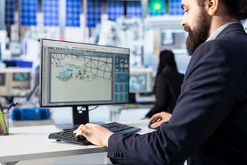 Poster - photovoltaics facility employee reviewing efficiency reports on computer, interpreting trends to imp