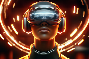 Poster - Person wearing futuristic virtual reality headset exploring digital world. Vibrant illuminated background creates high-tech atmosphere. Concept of technology, gaming, virtual experience