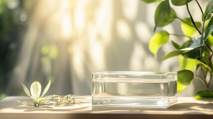 Aufkleber - water resting in a clear container with lush greenery in a sunlit indoor space